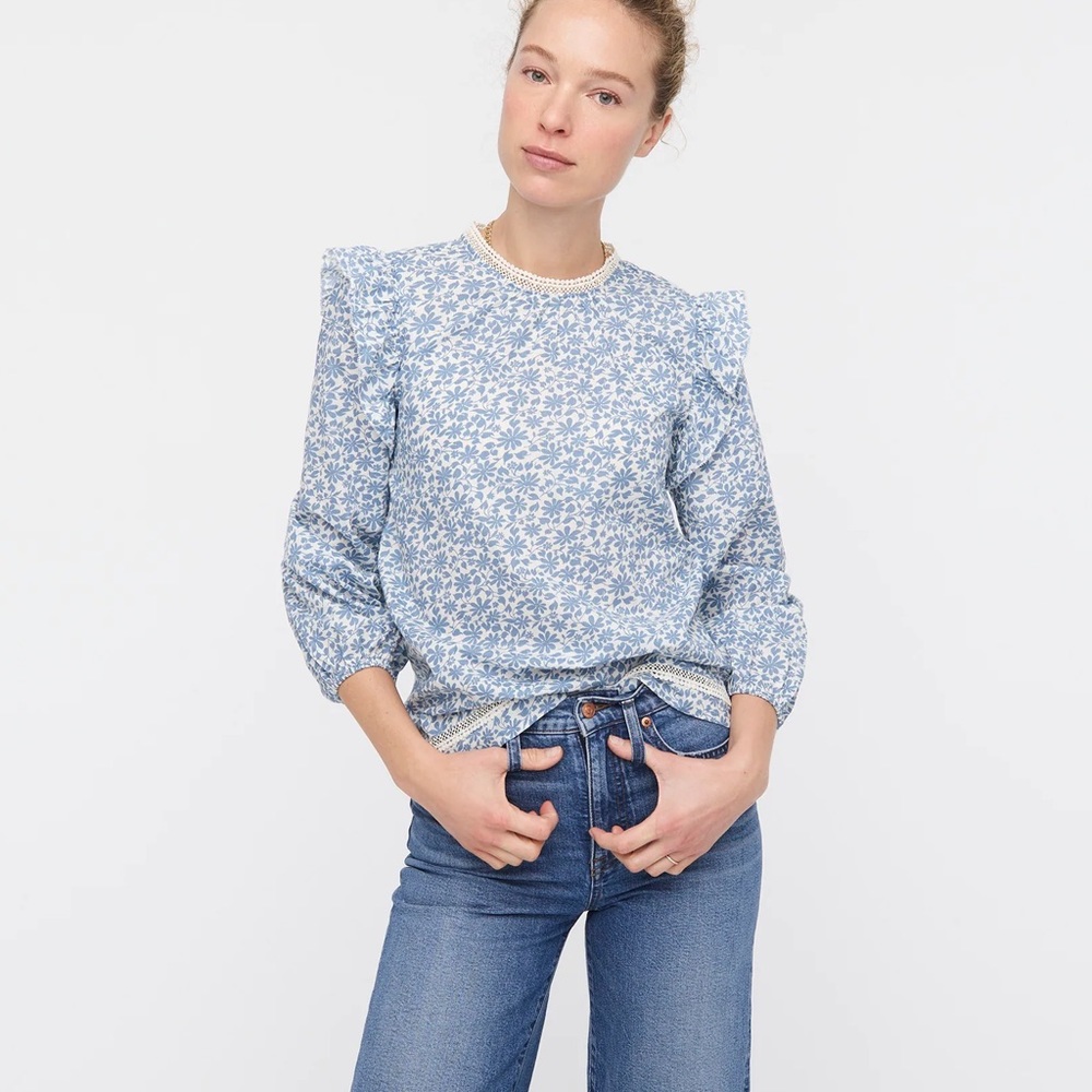 J. Crew Blue Floral Flutter-Sleeve Ruffle Blouse
